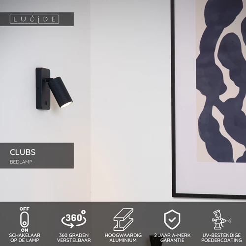 Lucide CLUBS - Bedlamp / Wandlamp - 1xGU10 - Zwart - USP